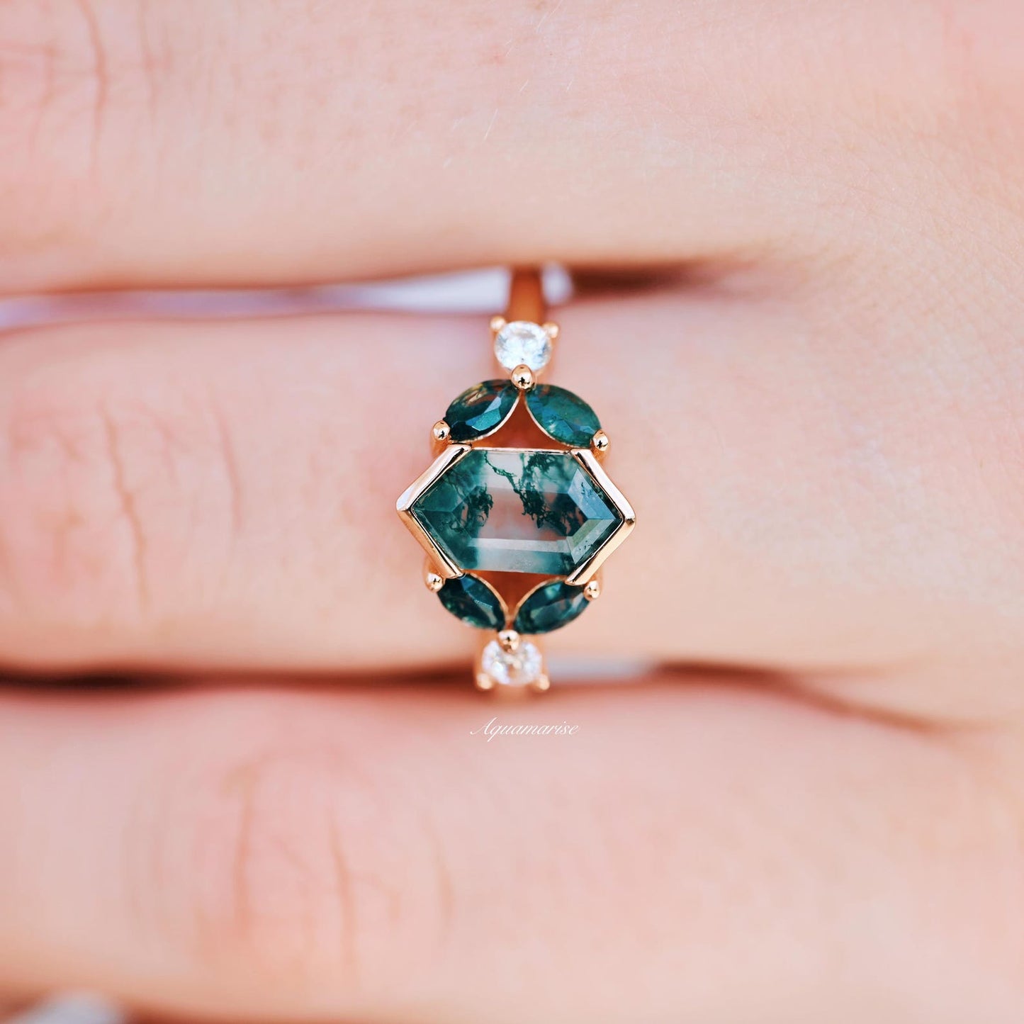 Hexagon Green Moss Agate Couples Ring Set