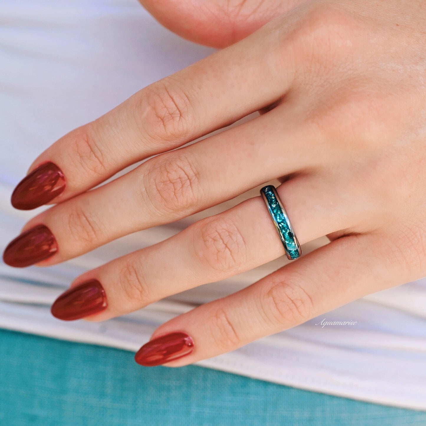 Minimalist Crushed Aquamarine Couples Ring Set