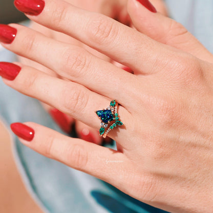 Skye Kite®  Peacock Fire Opal & Emerald Couples Ring Set