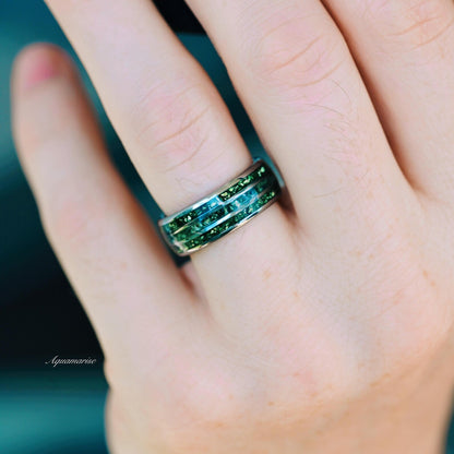 Hexagon Emerald & Moss Agate Couples Ring Set
