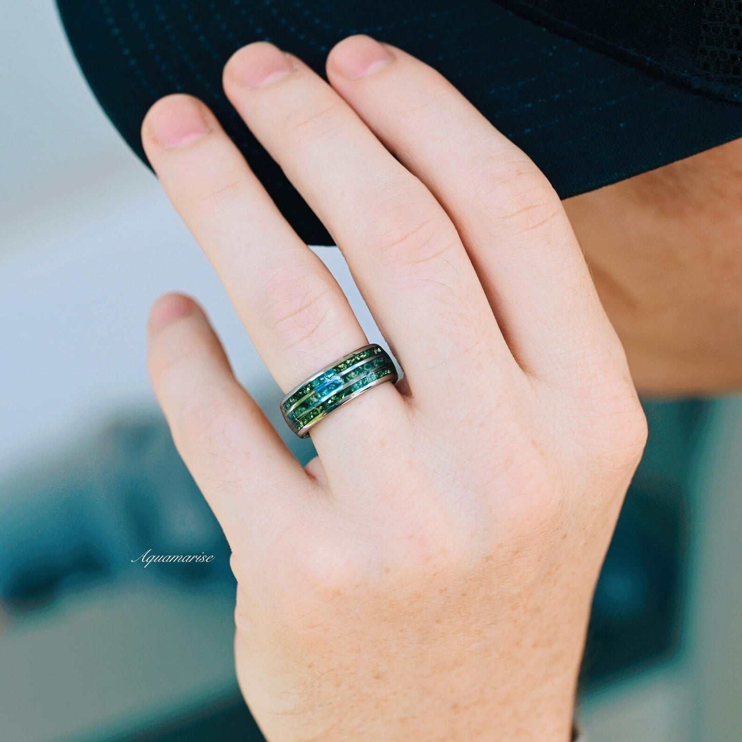 Hexagon Emerald & Moss Agate Couples Ring Set