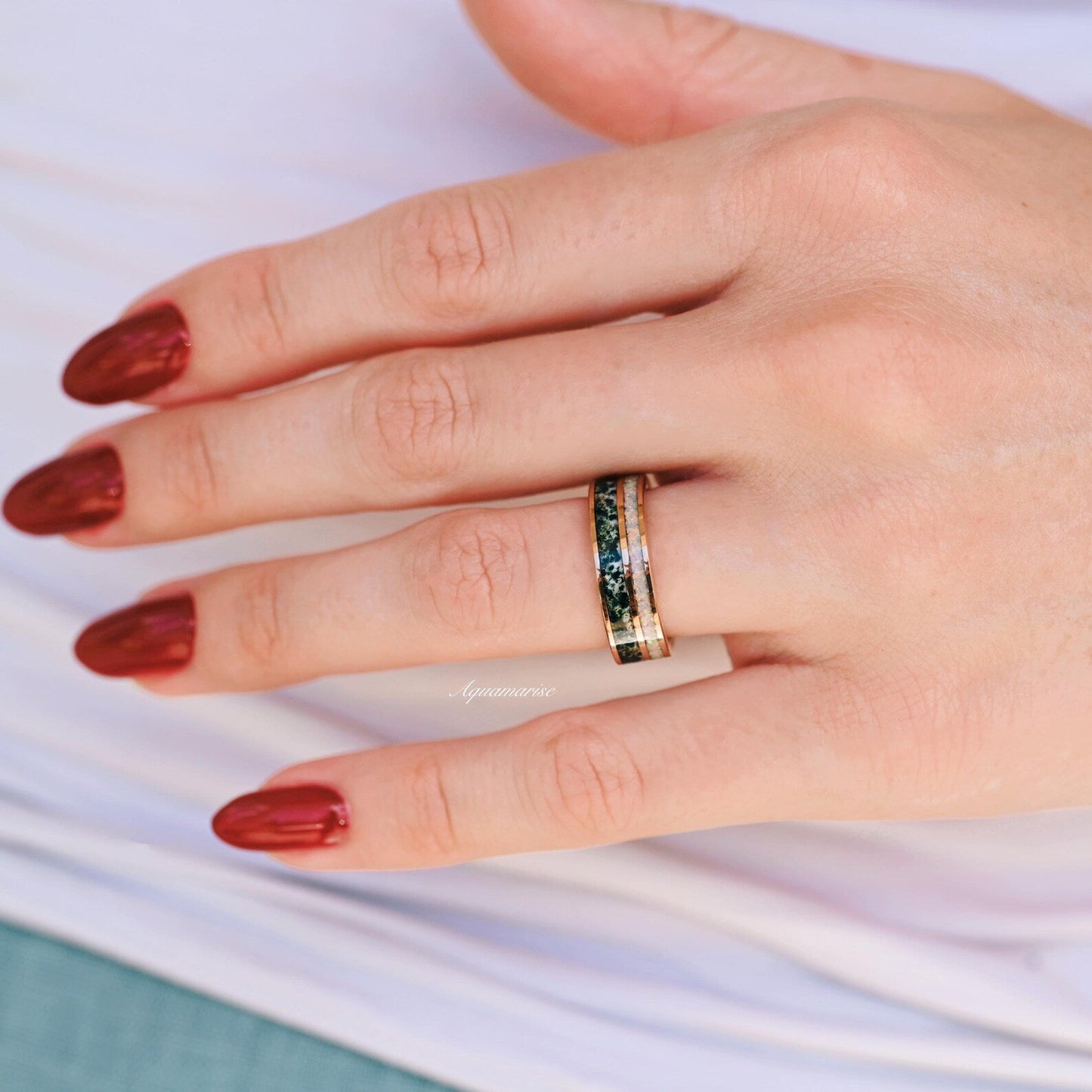Moss Agate & Fire Opal Couples Ring Set