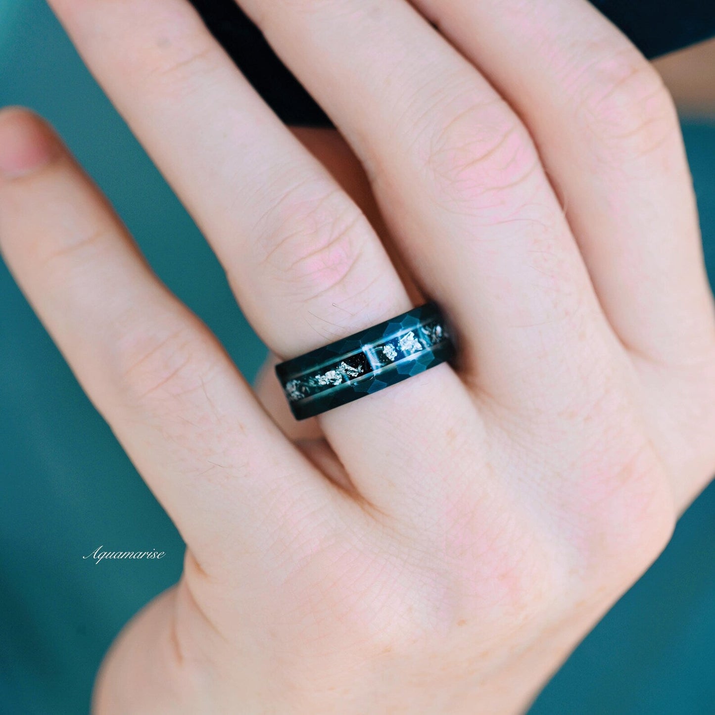 Galaxy Salt and Pepper (Herkimer) Diamond & Meteorite Couples Ring Set