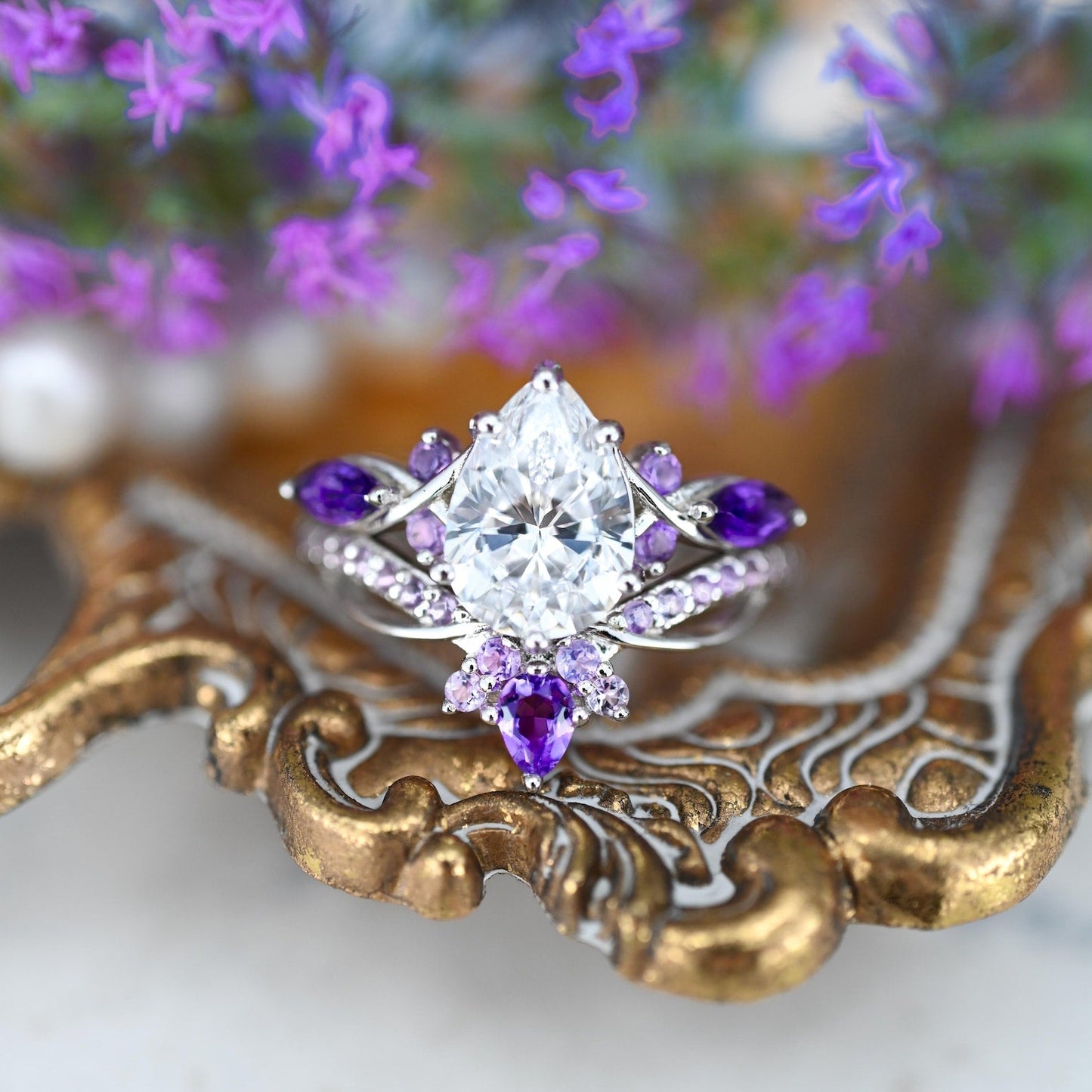 Feyra Amethyst & Simulated Diamond Couples Ring Set