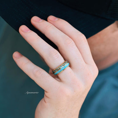 Blue Fire Opal & Crushed Diamond Couples Ring Set
