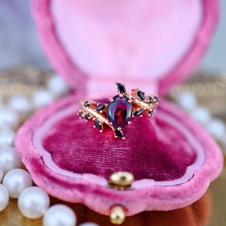 Black Fire Opal & Onyx Leaf Couples Ring Set