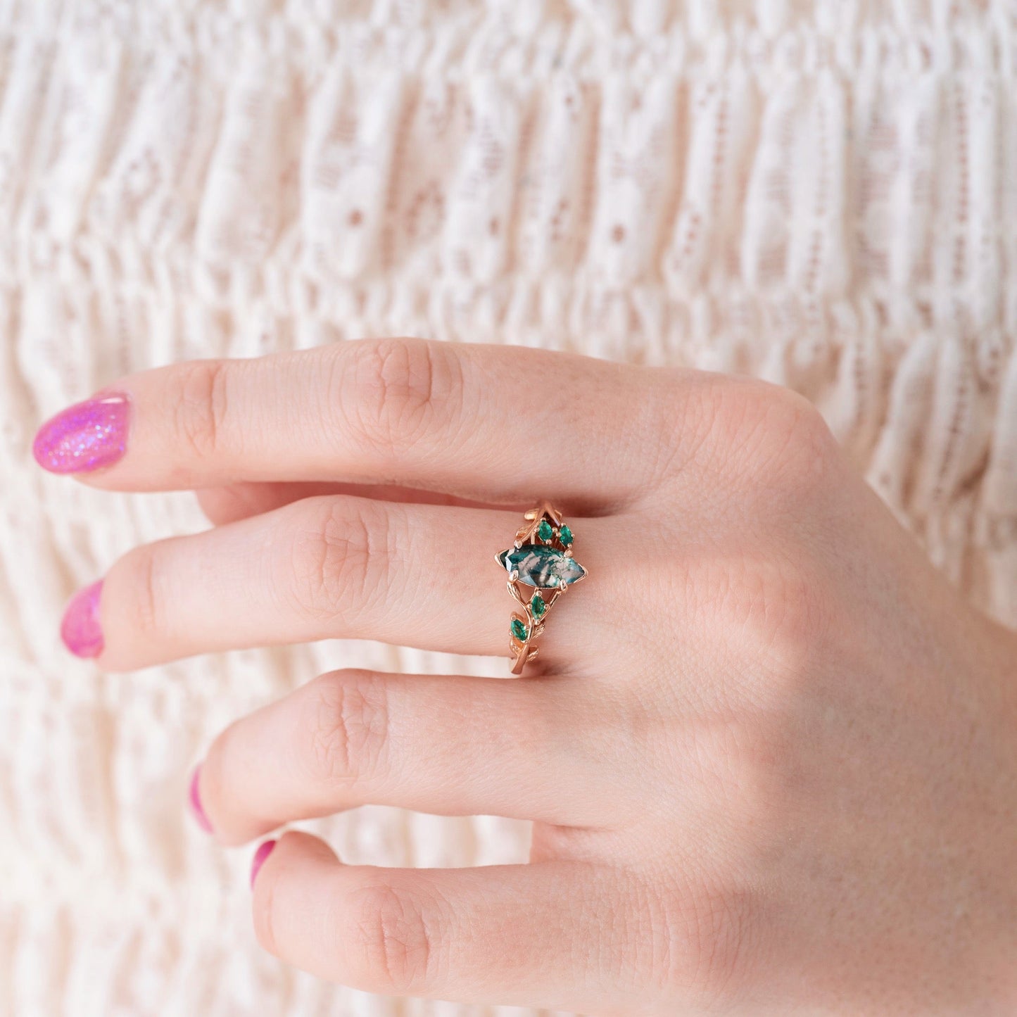 Moss Agate, Peacock Opal & Whiskey Barrel Wood Couples Ring Set