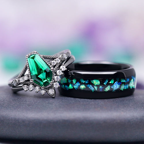 Lilith Coffin Cut Emerald & Green Fire Opal Couples Ring Set