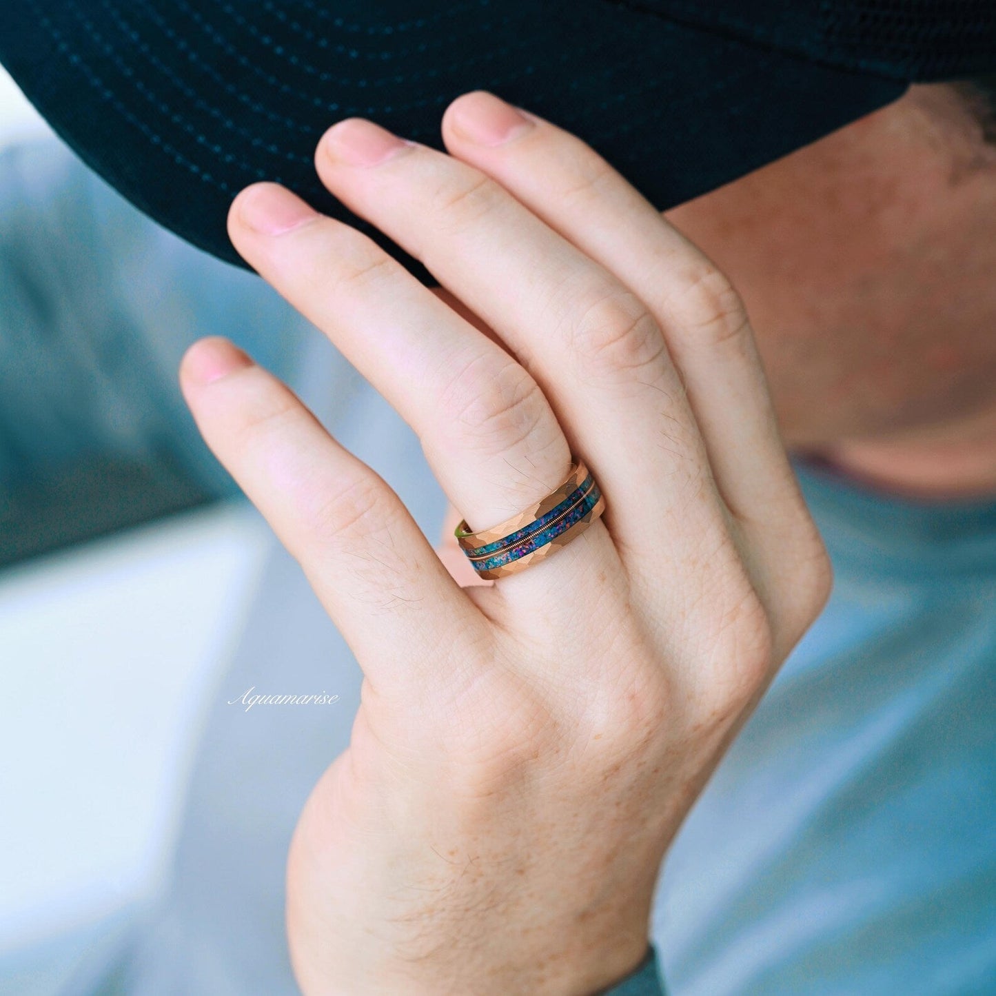 Blue Fire Opal & Guitar String Couples Ring Set