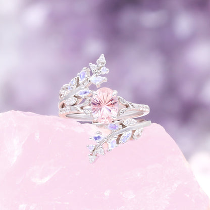 Fireworks Cut Morganite & Moonstone Leaf Couples Ring Set