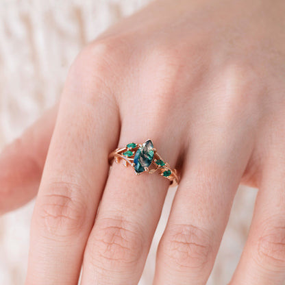 Moss Agate, Peacock Opal & Whiskey Barrel Wood Couples Ring Set