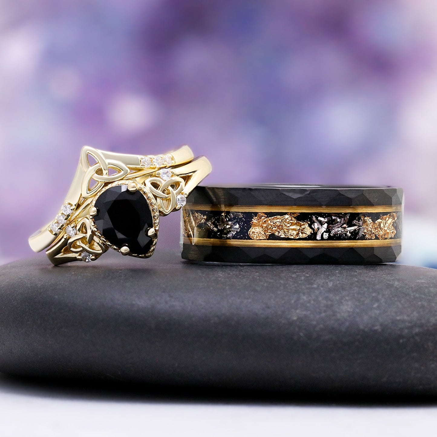 Black Onyx & Meteorite Celtic Couples Ring Set