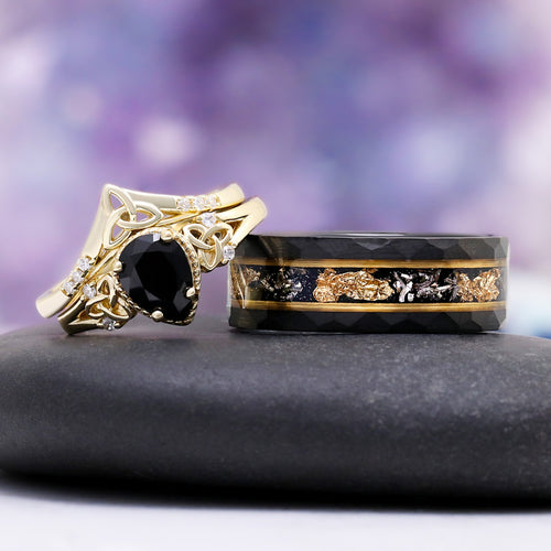Black Onyx & Meteorite Celtic Couples Ring Set