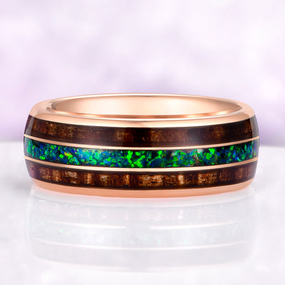 Moss Agate, Peacock Opal & Whiskey Barrel Wood Couples Ring Set