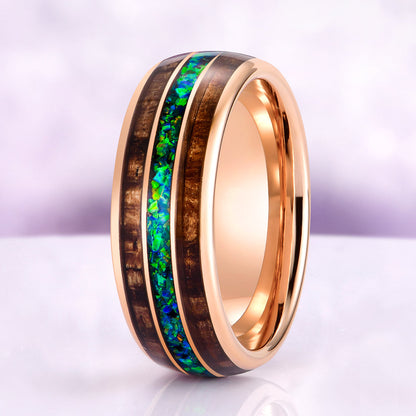 Moss Agate, Peacock Opal & Whiskey Barrel Wood Couples Ring Set