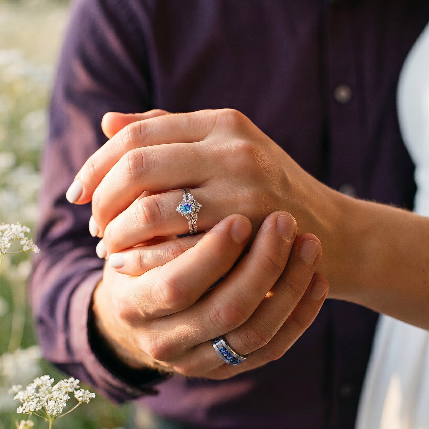 Mystical Fairy Rainbow Moissanite Couples Ring Set