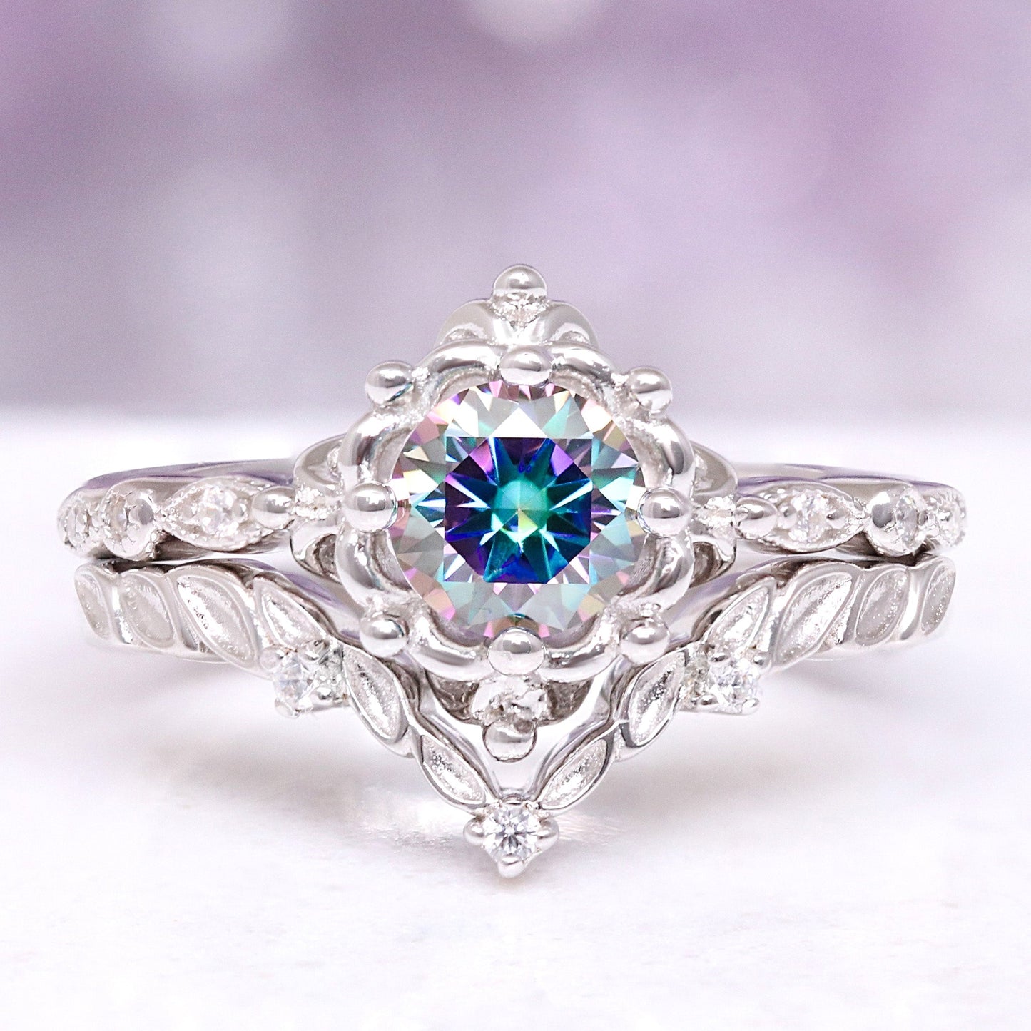 Mystical Fairy Rainbow Moissanite Couples Ring Set