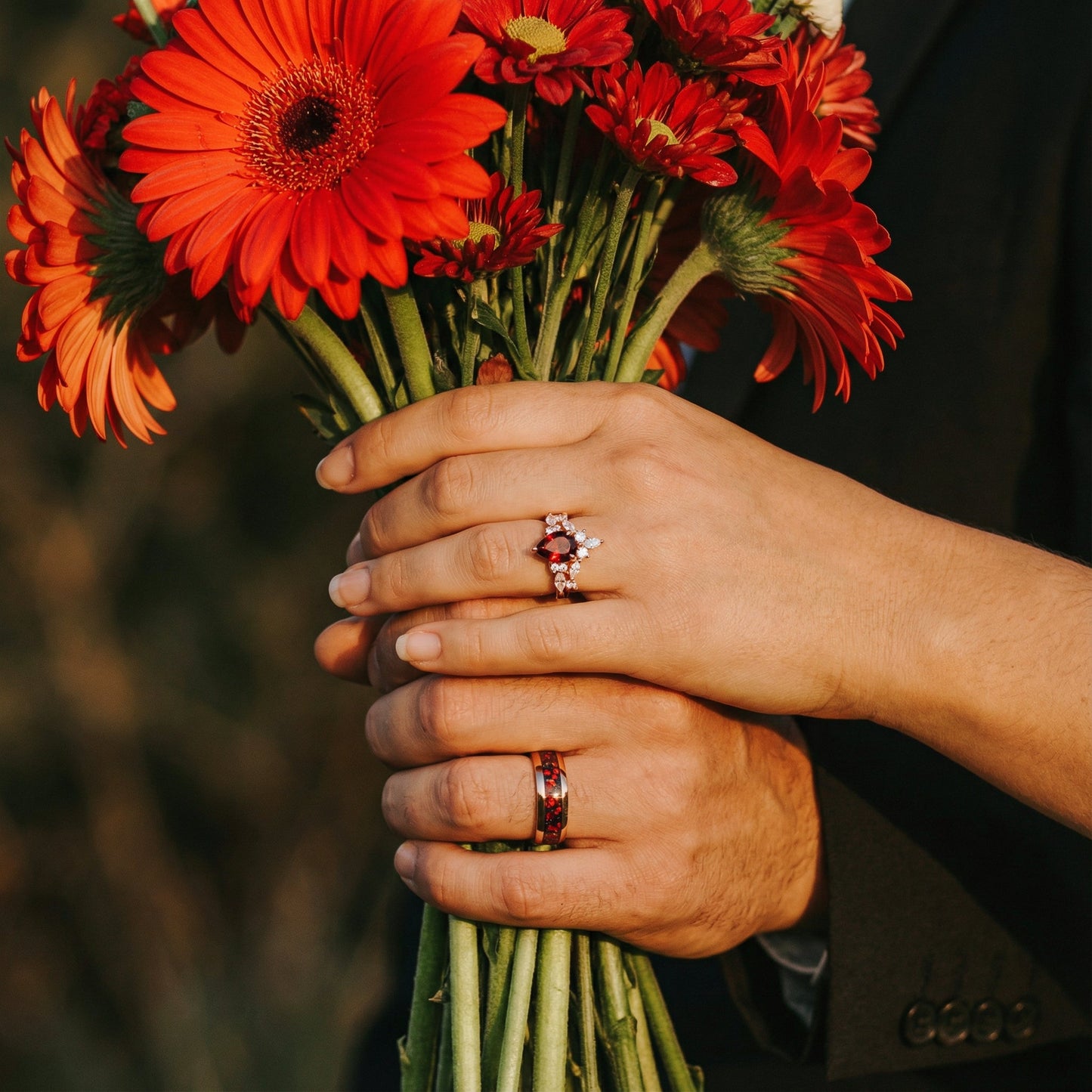 Galaxy Red Fire Opal & Garnet Couples Ring Set