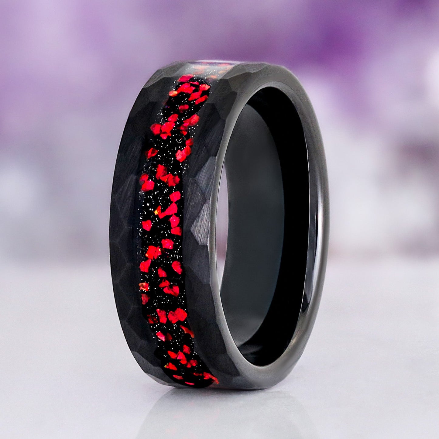 Galaxy Red Fire Opal Hammered Tungsten Couples Ring