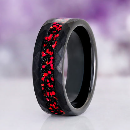 Galaxy Red Fire Opal Hammered Tungsten Couples Ring