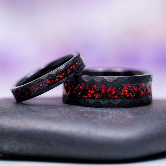 Galaxy Red Fire Opal Hammered Tungsten Couples Ring